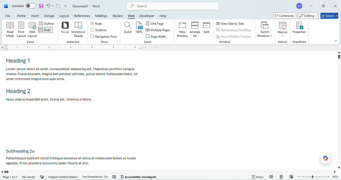 Draft view in Microsoft Word